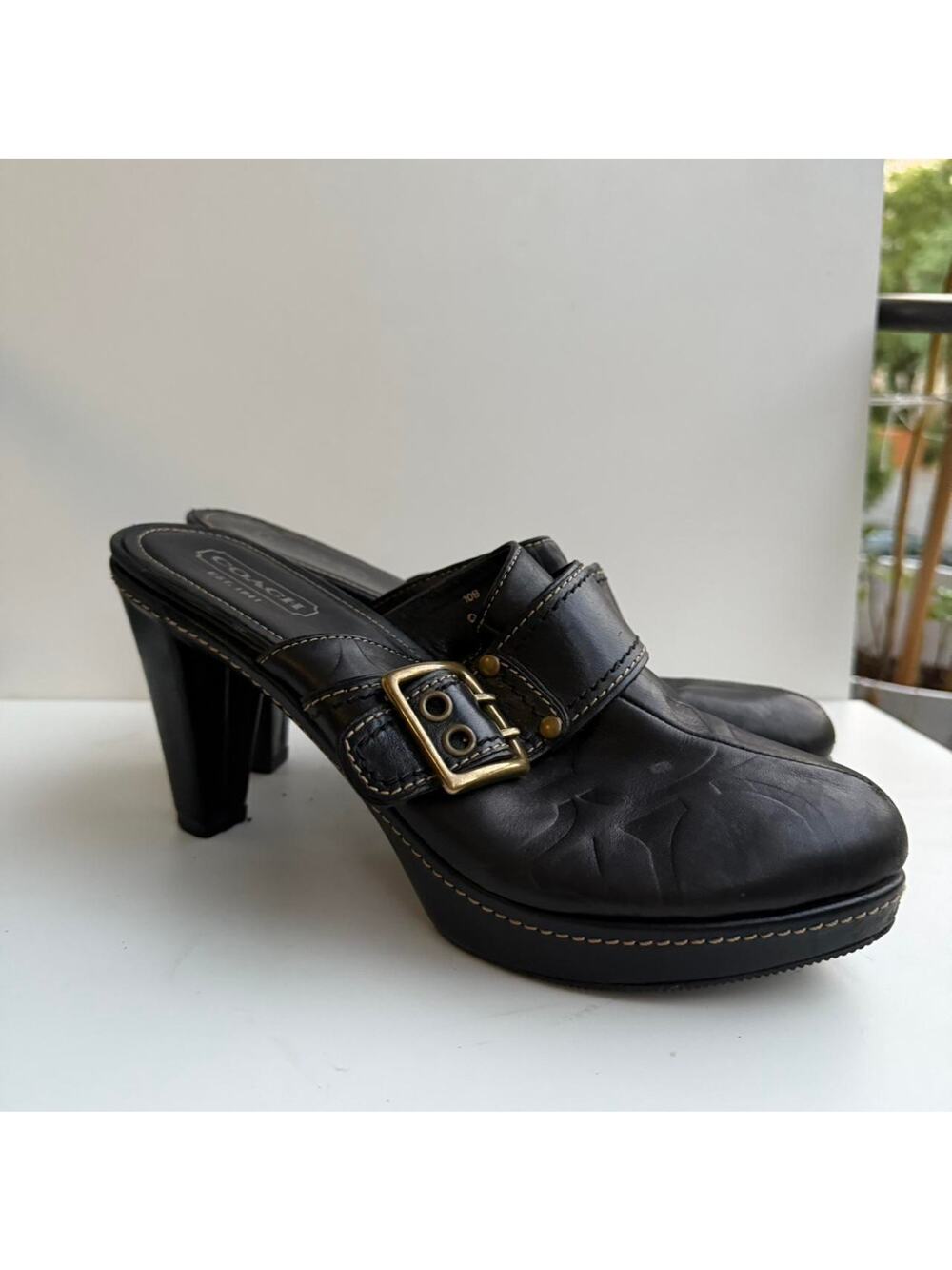 Coach platform black leather clogs mules